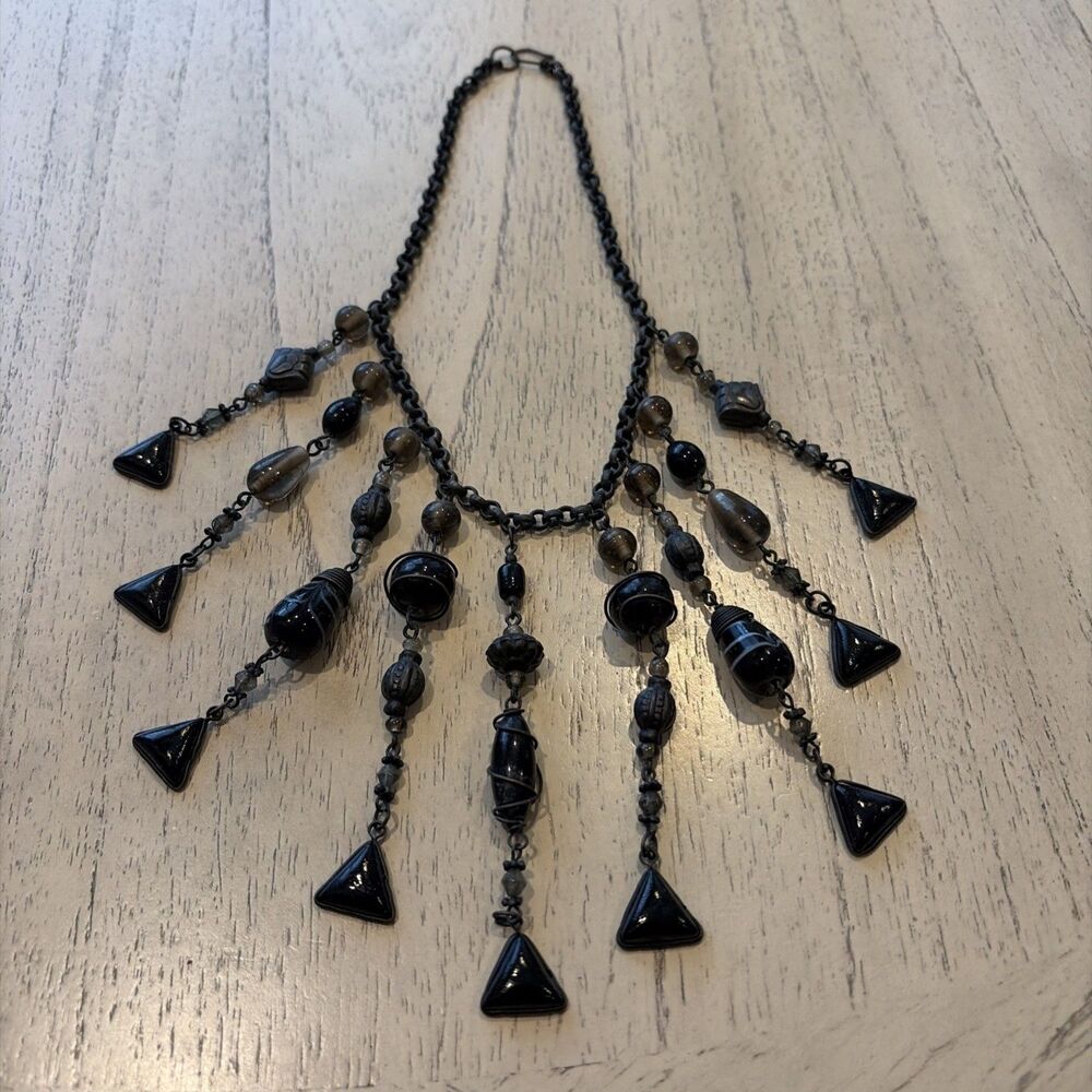 Elegant Black Statement Necklace with Decorative Dangle Bead & Metal Accents